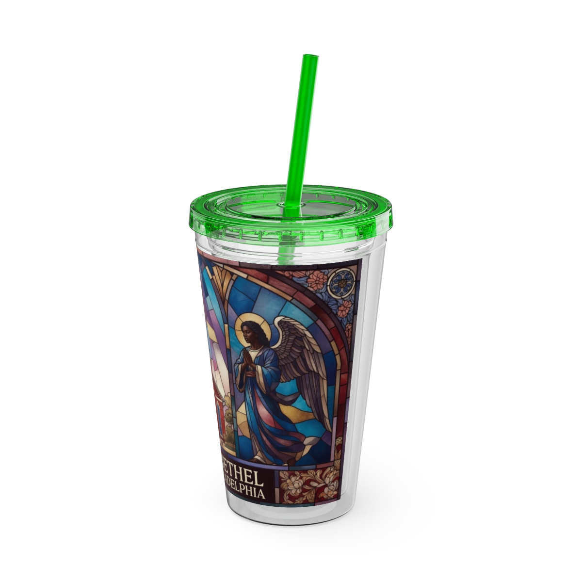 Stained Glass Church 16oz Tumbler with Straw — "Mother Bethel" Design mockup 28