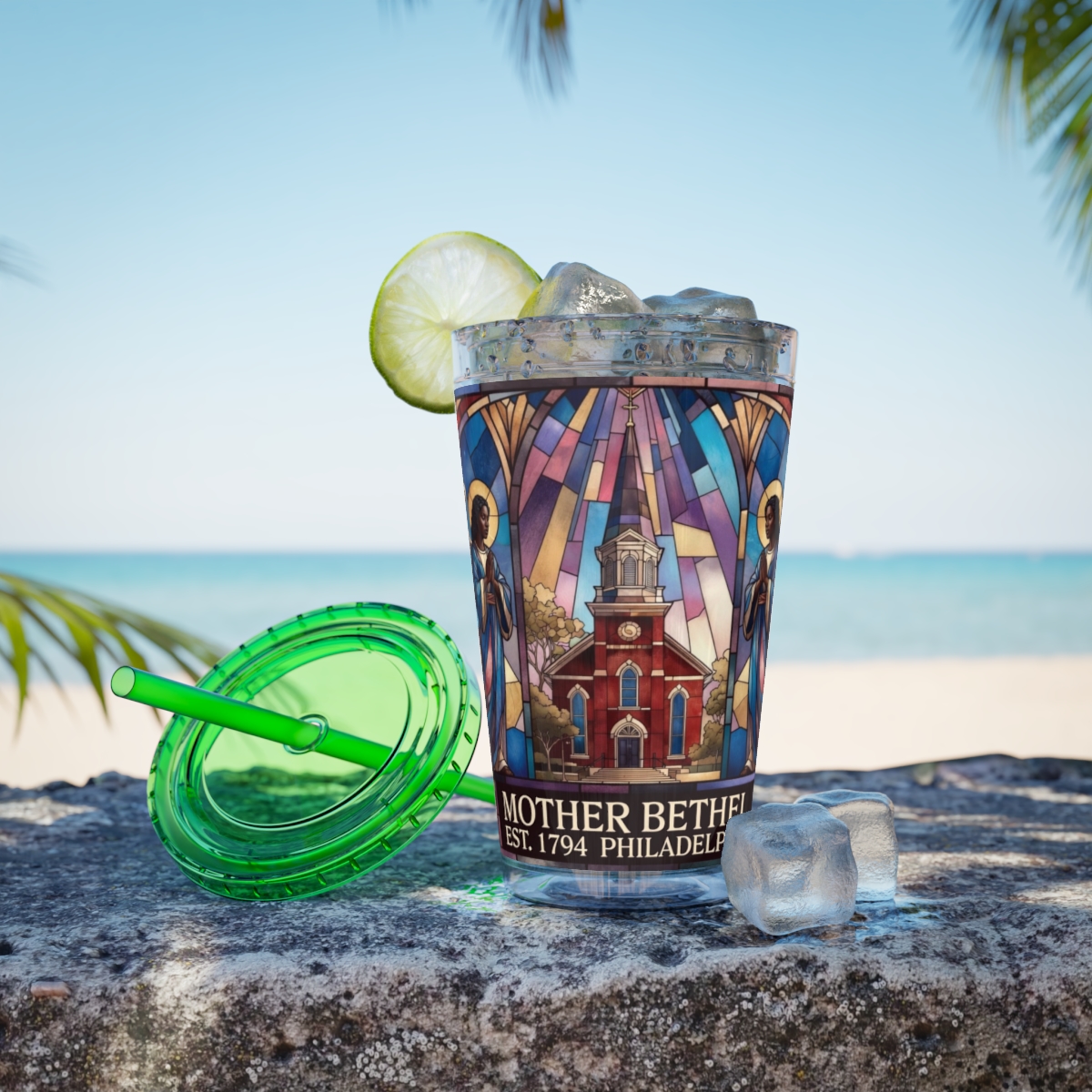 Stained Glass Church 16oz Tumbler with Straw — "Mother Bethel" Design mockup 29