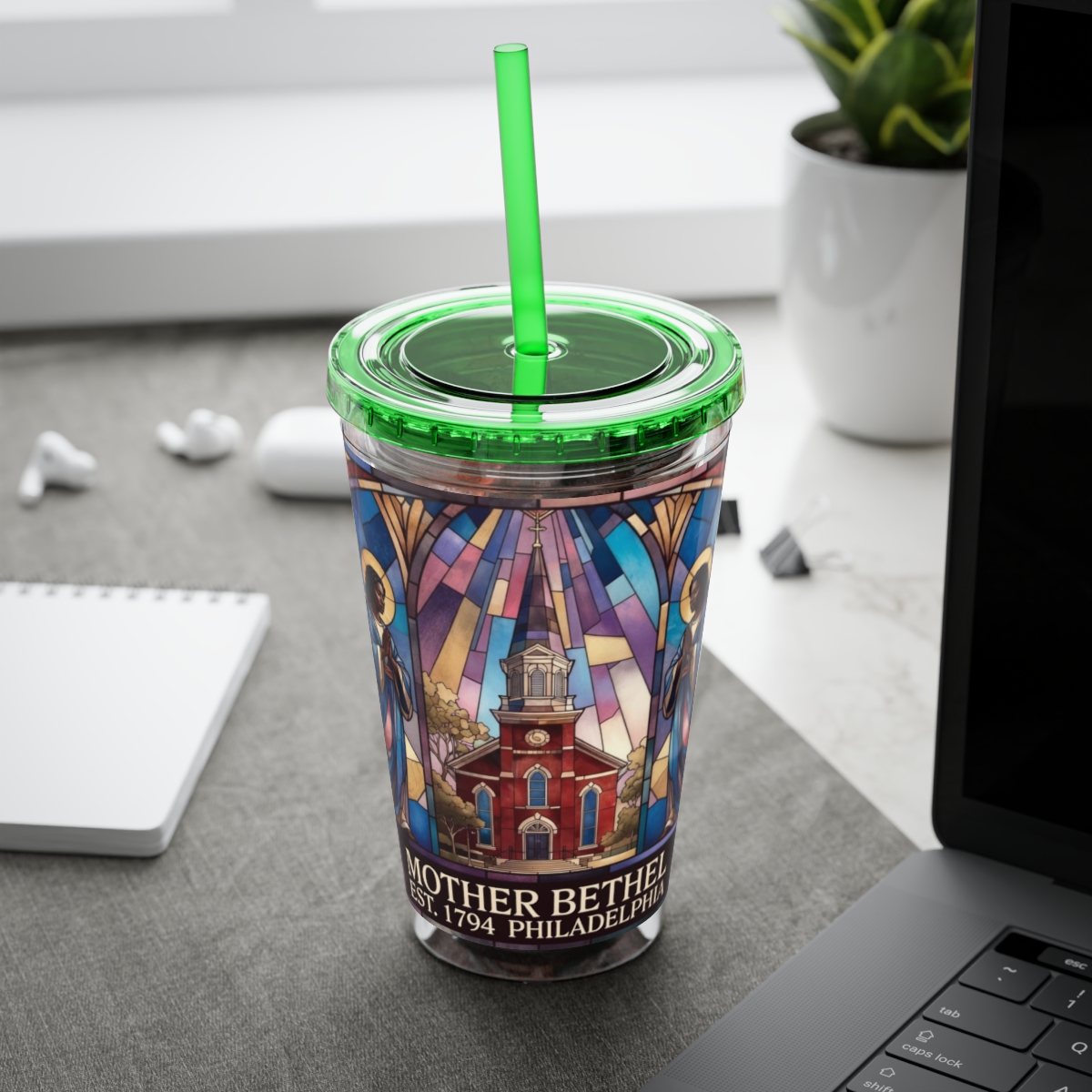 Stained Glass Church 16oz Tumbler with Straw — "Mother Bethel" Design mockup 30