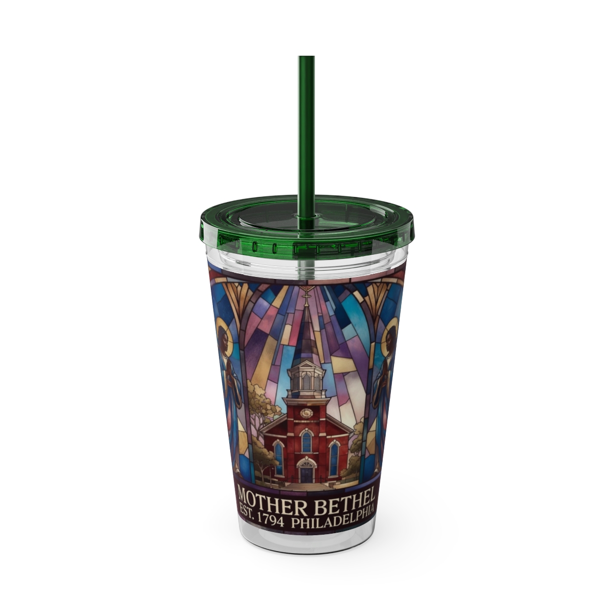 Stained Glass Church 16oz Tumbler with Straw — "Mother Bethel" Design mockup 31