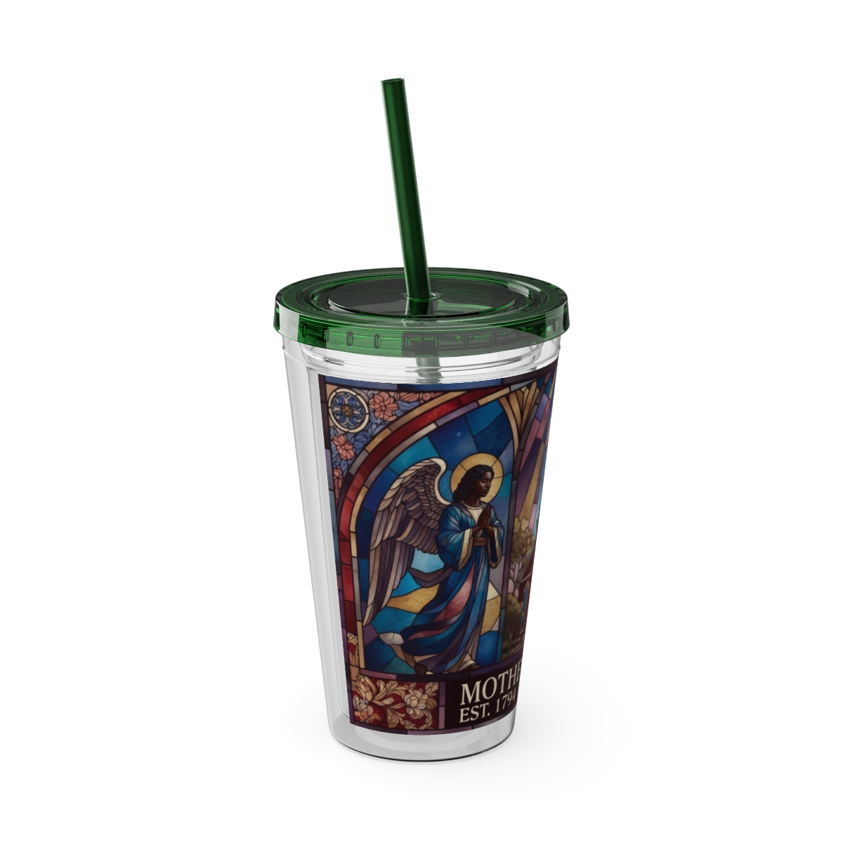 Stained Glass Church 16oz Tumbler with Straw — "Mother Bethel" Design mockup 32