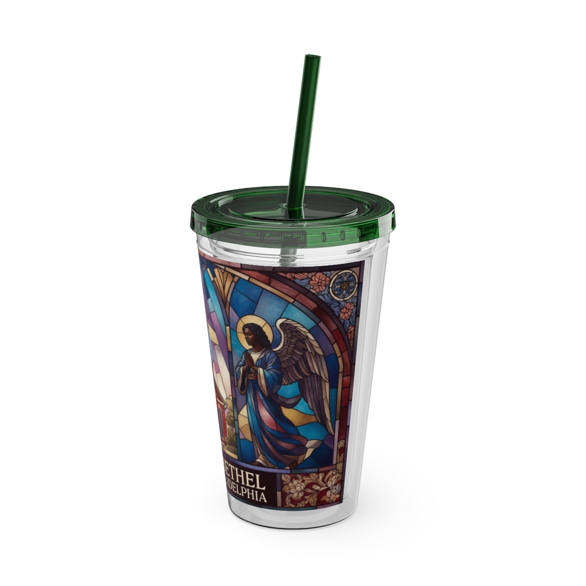 Stained Glass Church 16oz Tumbler with Straw — "Mother Bethel" Design mockup 34