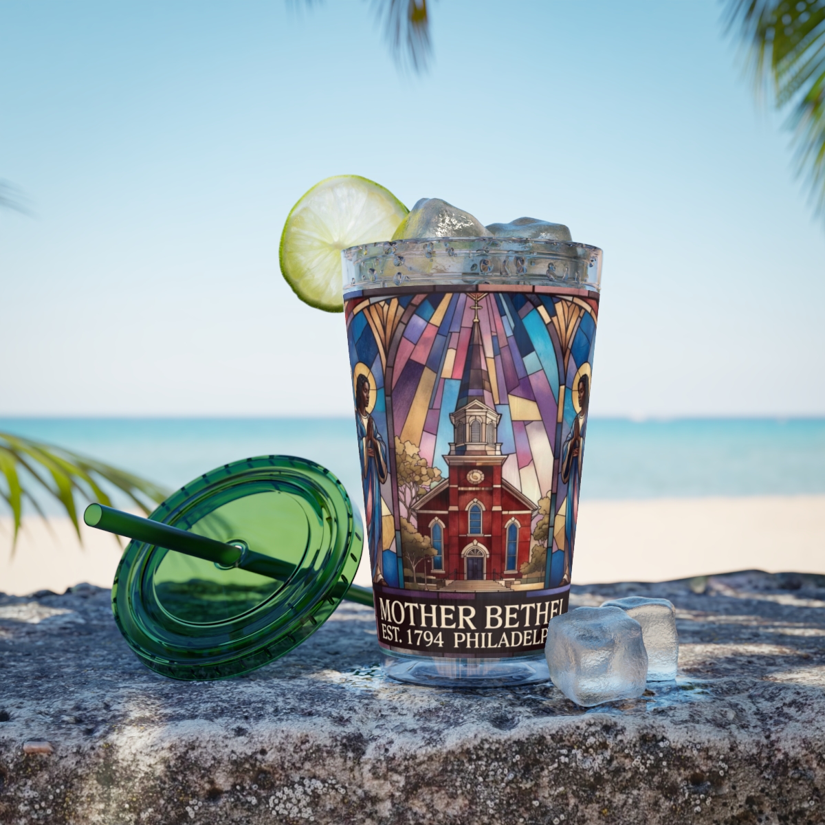 Stained Glass Church 16oz Tumbler with Straw — "Mother Bethel" Design mockup 35