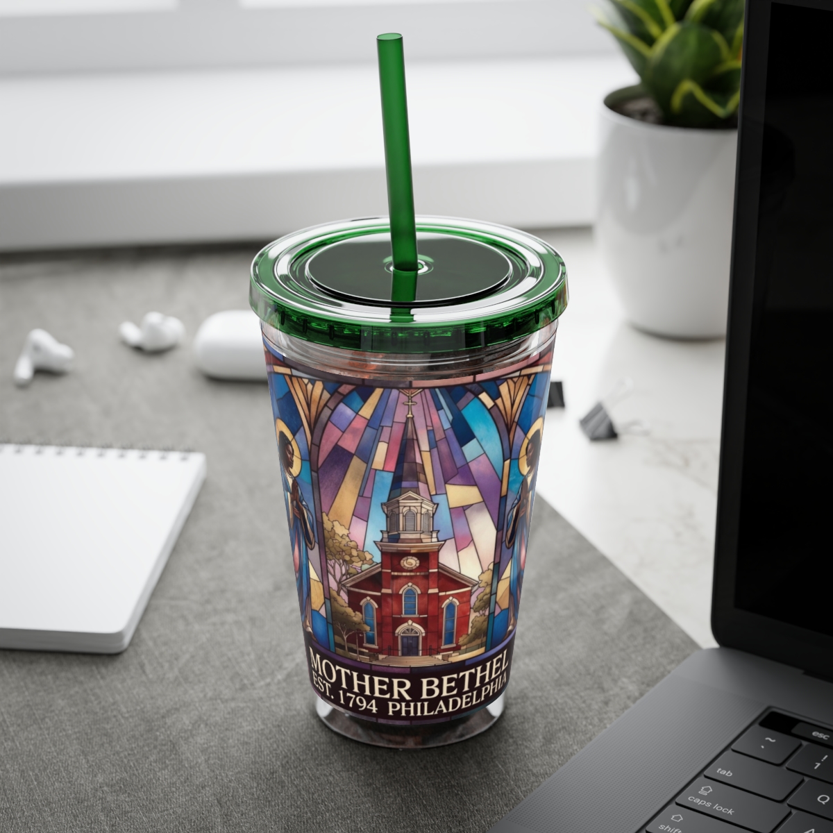 Stained Glass Church 16oz Tumbler with Straw — "Mother Bethel" Design mockup 36