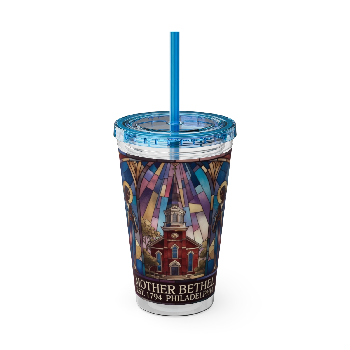 Stained Glass Church 16oz Tumbler with Straw — "Mother Bethel" Design mockup 37
