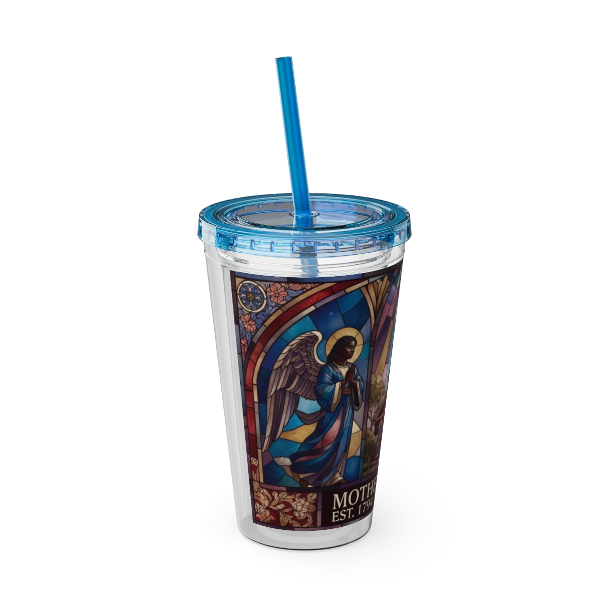 Stained Glass Church 16oz Tumbler with Straw — "Mother Bethel" Design mockup 38