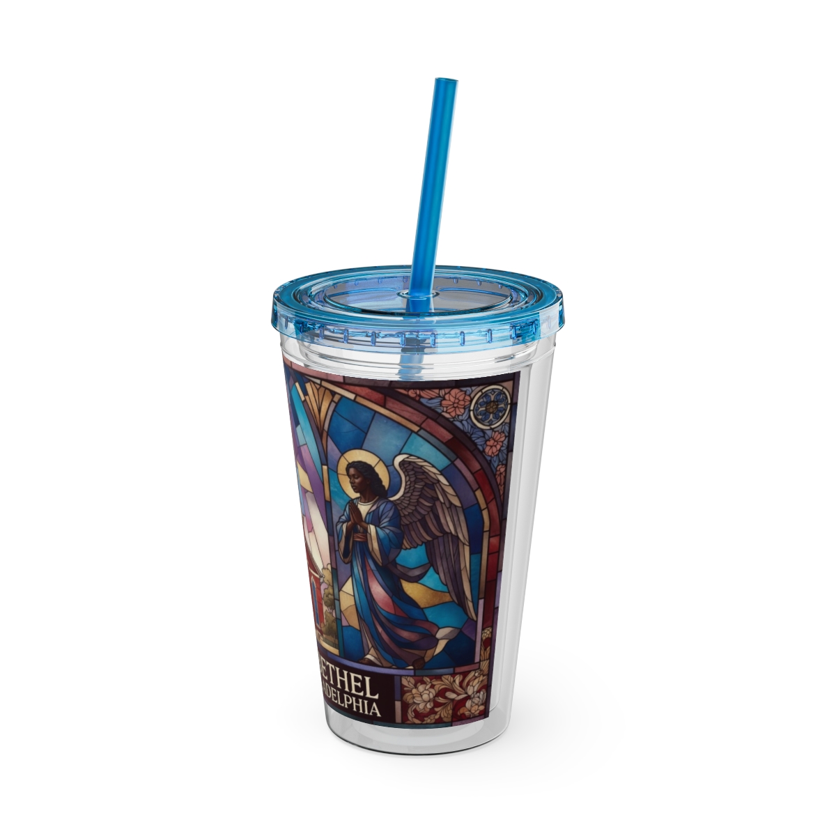 Stained Glass Church 16oz Tumbler with Straw — "Mother Bethel" Design mockup 40