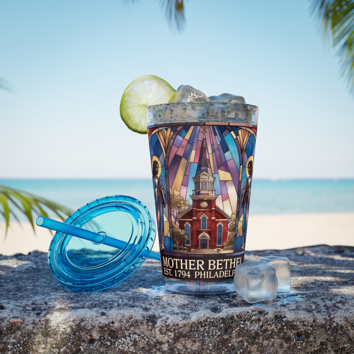Stained Glass Church 16oz Tumbler with Straw — "Mother Bethel" Design mockup 41