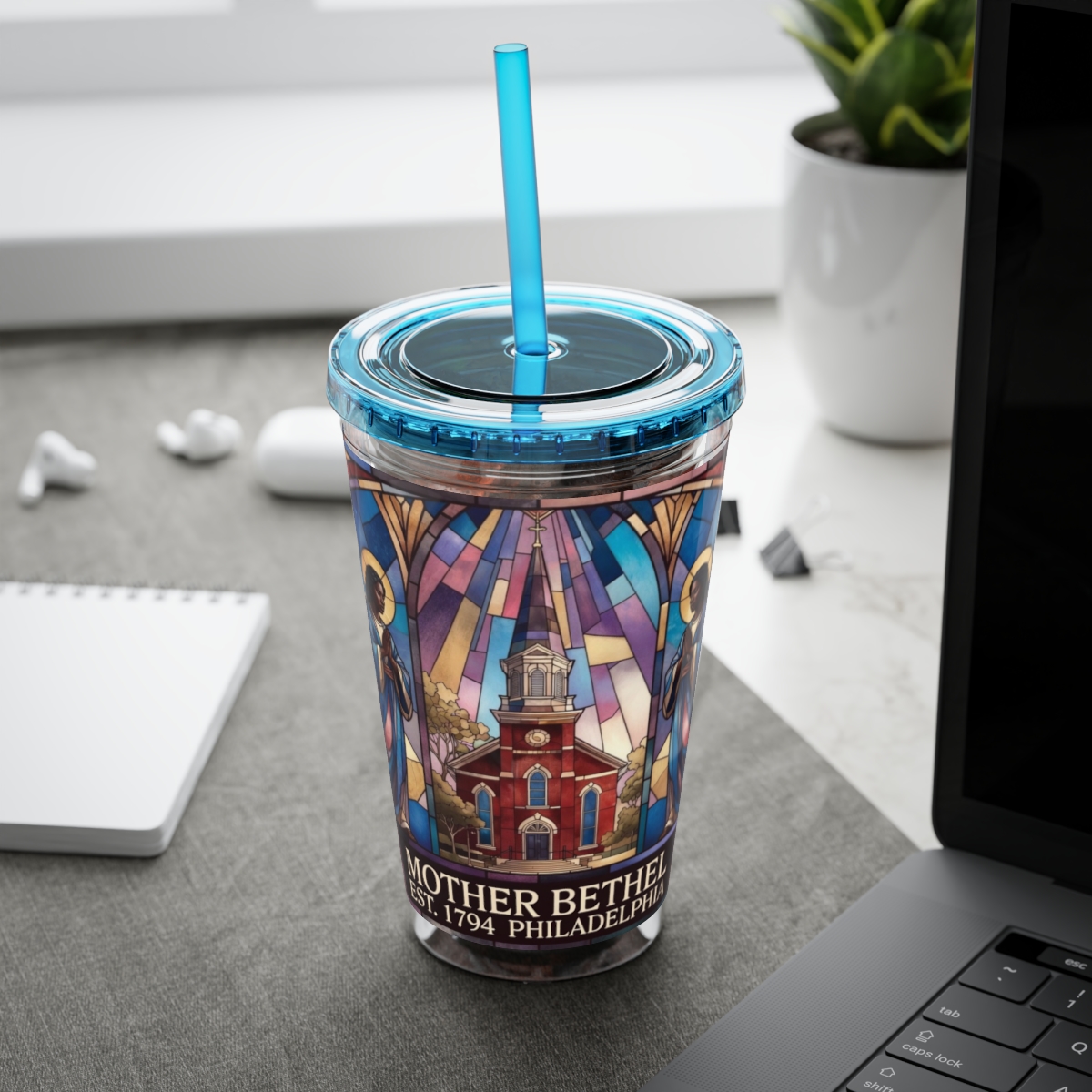 Stained Glass Church 16oz Tumbler with Straw — "Mother Bethel" Design mockup 42