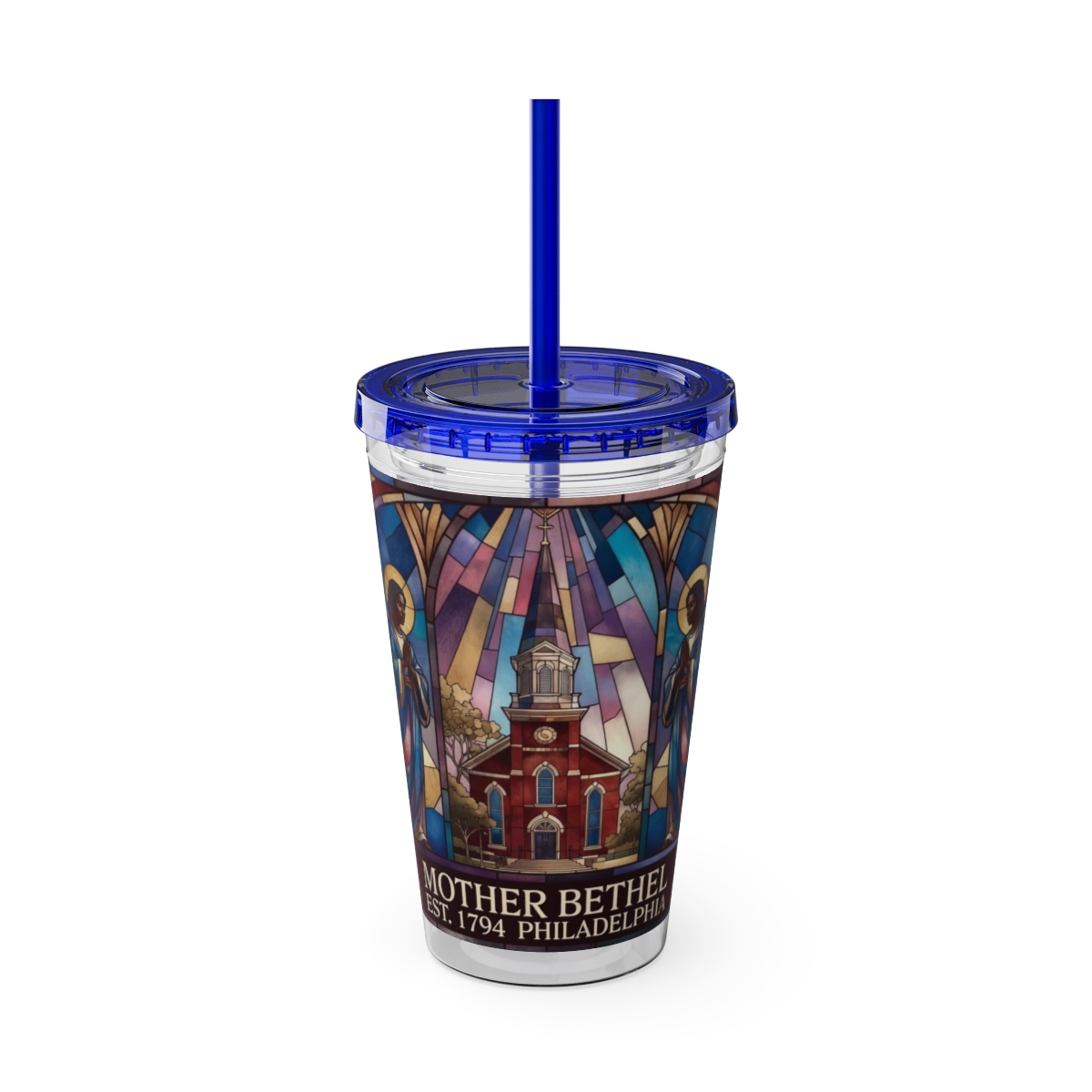 Stained Glass Church 16oz Tumbler with Straw — "Mother Bethel" Design mockup 43