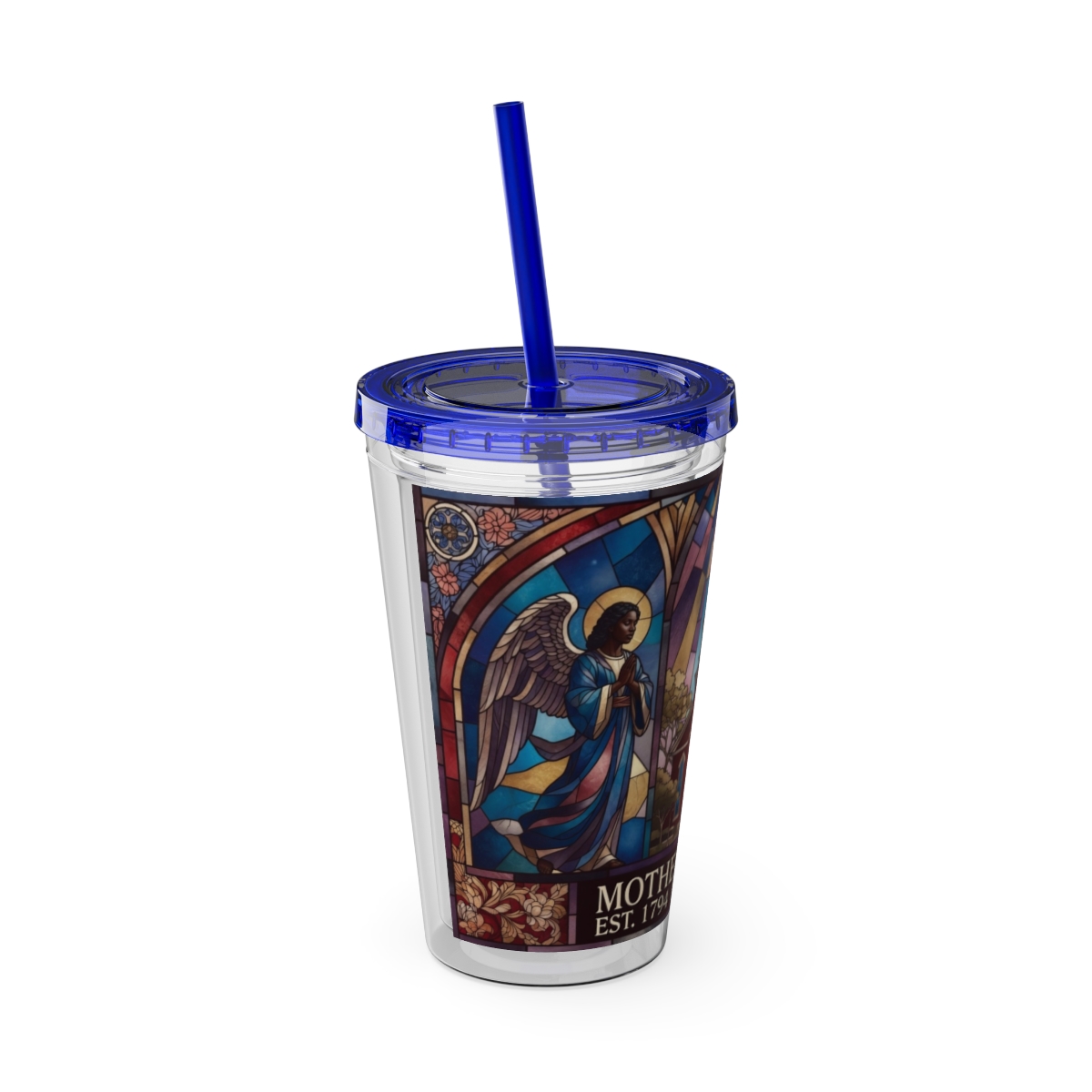 Stained Glass Church 16oz Tumbler with Straw — "Mother Bethel" Design mockup 44