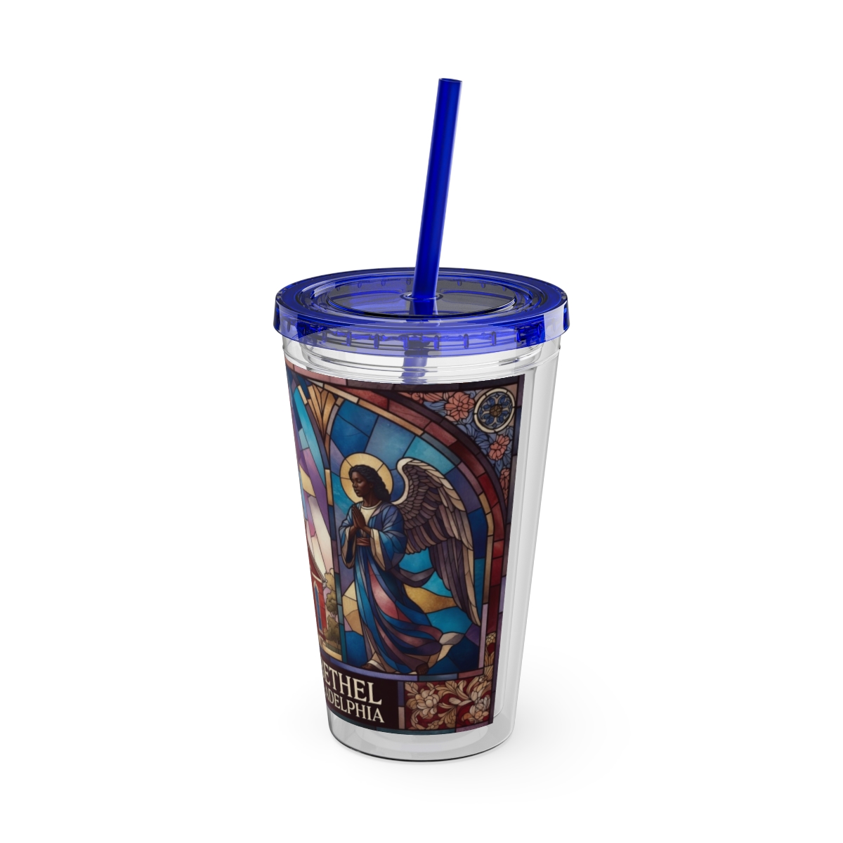Stained Glass Church 16oz Tumbler with Straw — "Mother Bethel" Design mockup 46