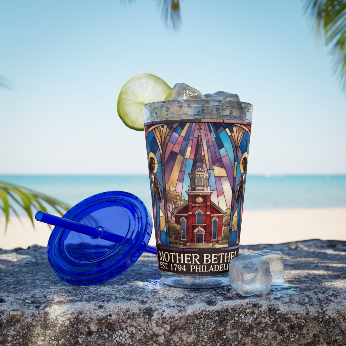 Stained Glass Church 16oz Tumbler with Straw — "Mother Bethel" Design mockup 47