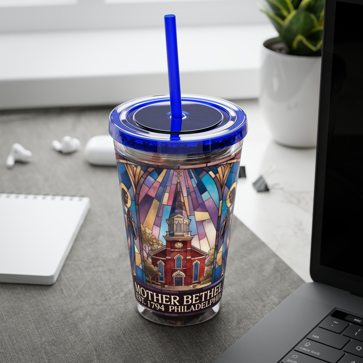 Stained Glass Church 16oz Tumbler with Straw — "Mother Bethel" Design mockup 48