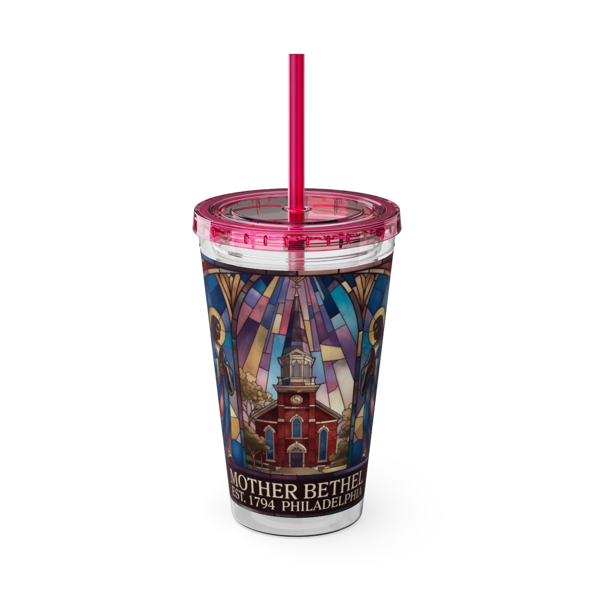 Stained Glass Church 16oz Tumbler with Straw — "Mother Bethel" Design mockup 49