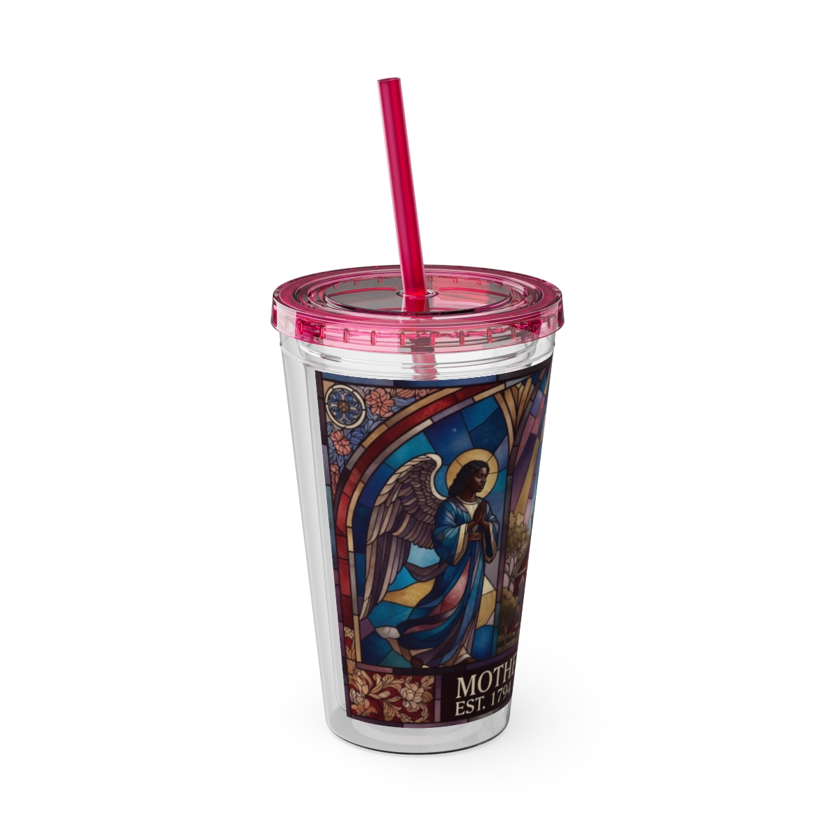 Stained Glass Church 16oz Tumbler with Straw — "Mother Bethel" Design mockup 50