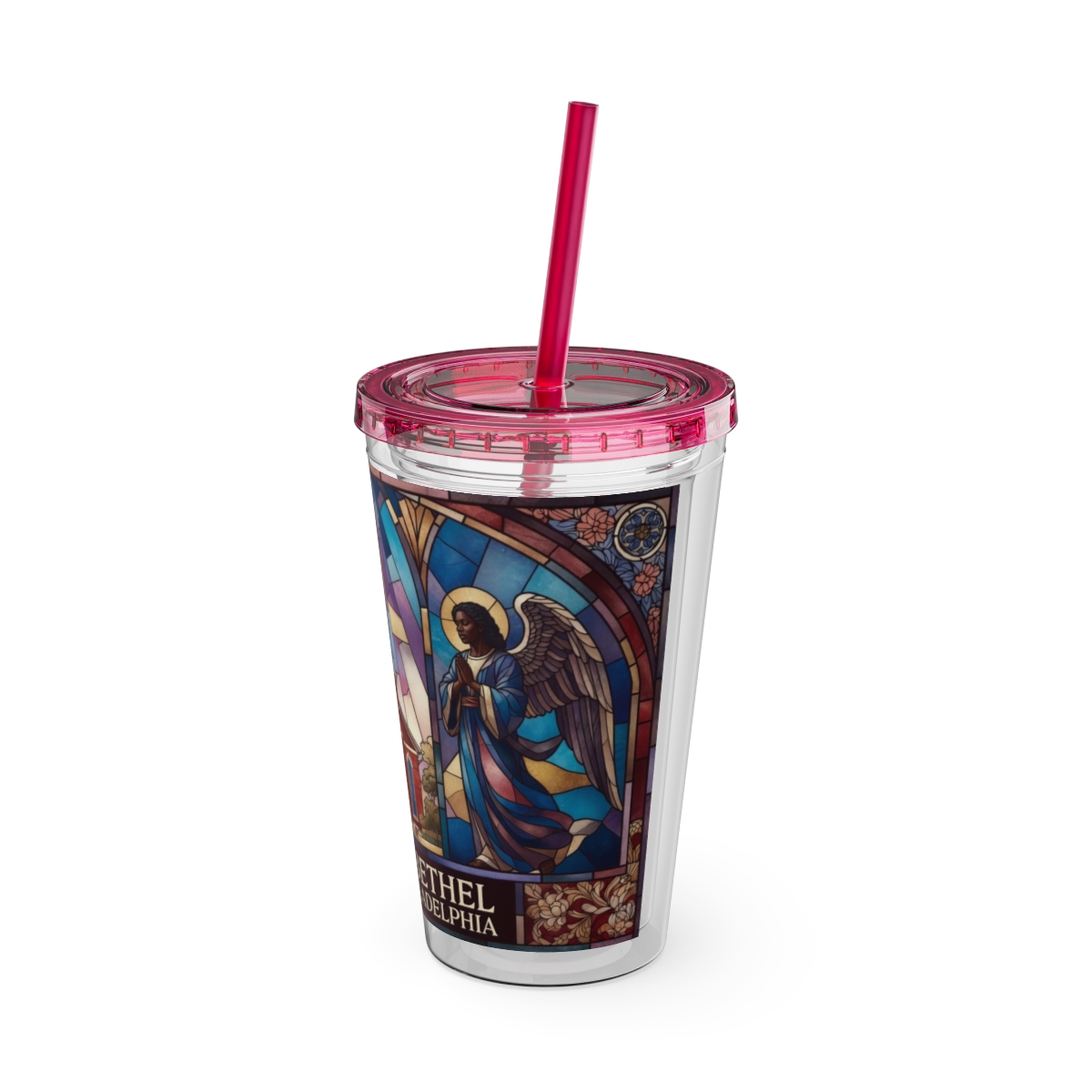 Stained Glass Church 16oz Tumbler with Straw — "Mother Bethel" Design mockup 52