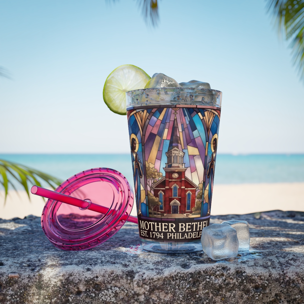 Stained Glass Church 16oz Tumbler with Straw — "Mother Bethel" Design mockup 53