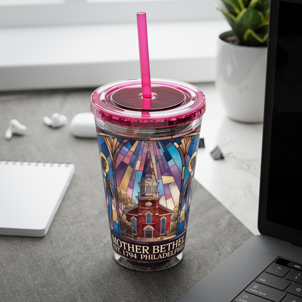 Stained Glass Church 16oz Tumbler with Straw — "Mother Bethel" Design mockup 54