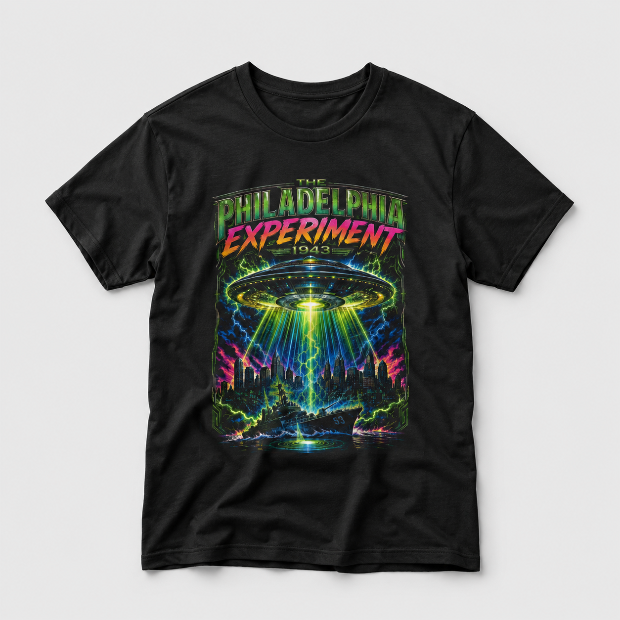 The Philadelphia Experiment 1943 T-Shirt | UFO Warship Sci-Fi Philadelphia Graphic Tee mockup 1