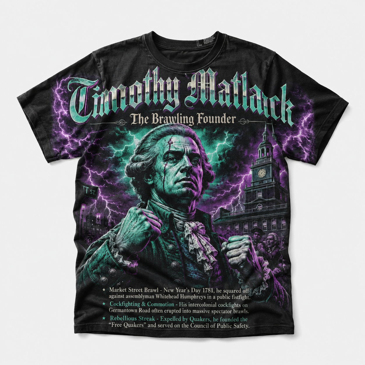 Timothy Matlack Brawling Founder All-Over Print Tee – Philadelphia Revolutionary History mockup 2